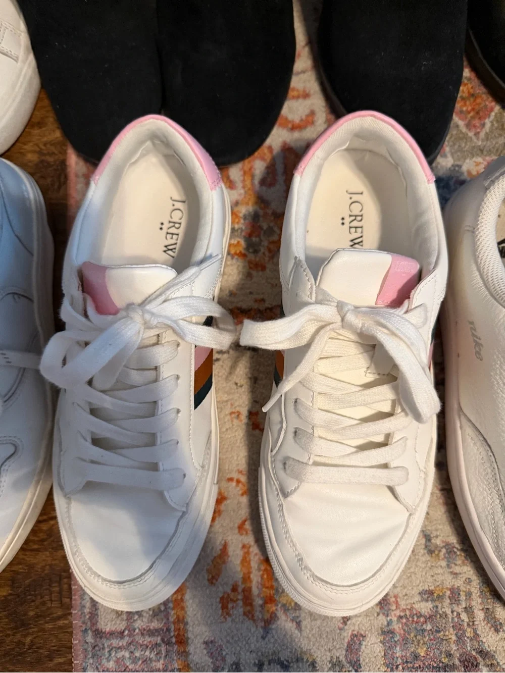 J. Crew Factory White Sneakers with Pink Heel and Multi-Stripe Detail